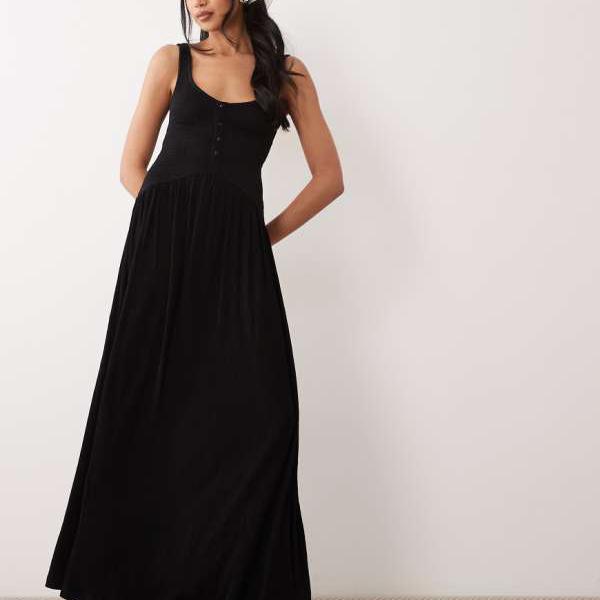 エイソス ASOS asos ASOS DESIGN クリンクルボタン付き添い人midi御召しもの（黒いこと） 衣装 レディース 成人女性 インポートブランド 弱められた大きさから馬鹿でかい大きさまで