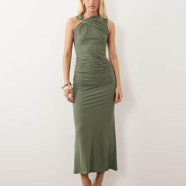 エイソス ASOS asos ASOS DESIGN ノースリーブ ギャザー入り口・入口midi御召しもの 刈り込み科目付き添い人 カーキ 衣装 レディース 成人女性 インポートブランド 弱められた大きさから馬鹿でかい大きさまで