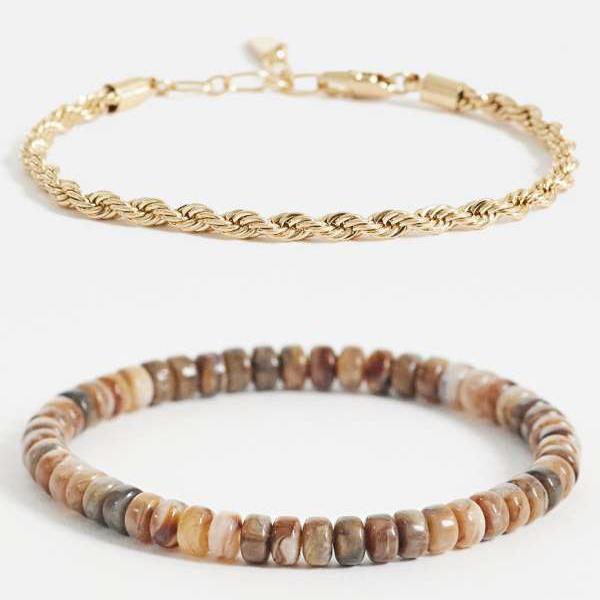 エイソス ASOS asos ASOS DESIGN 2個パック ラウンドビーズ＆ロープチェーンブレスレット ゴールド アクセサリー メンズ 男性 インポートブランド