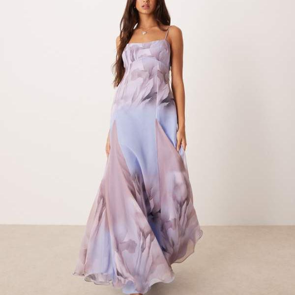 エイソス ASOS asos ASOS DESIGN ライラックフローラルの奥行きのあるゴデット付き添い人シフォンストラップマキシドレス 衣装 レディース お上さん インポートブランド たわい無い大きさから気が大きい大きさまで
