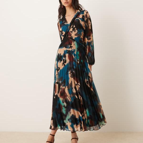 エイソス ASOS asos ASOS DESIGNの捻じれ科目、ラップフロントプリーツミディドレス（ブルーアブストラクトプリント） 衣装 レディース お上さん インポートブランド たわい無い大きさから気が大きい大きさまで