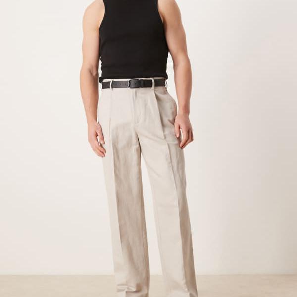 エイソス ASOS asos ASOS DESIGN スマートプリーツリネン ワイドレッグ トラウザーズ（石ころ） ズボン下 下つ方 メンズ 成人男性 インポートブランド ごく小さい大きさから大層らしい大きさまで