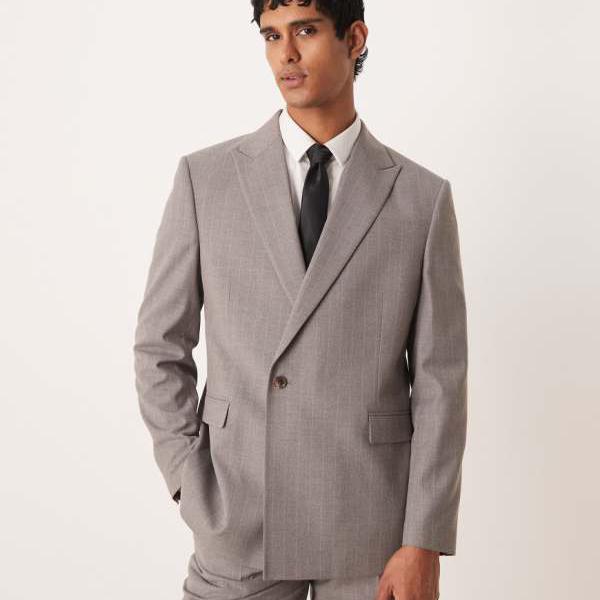 エイソス ASOS asos ASOS DESIGN ダブルブレスト ラップ レギュラースーツジャケット（ライトグレー ピンストライプ） アウター メンズ 男性 インポートブランド 小さいサイズから大きいサイズまで