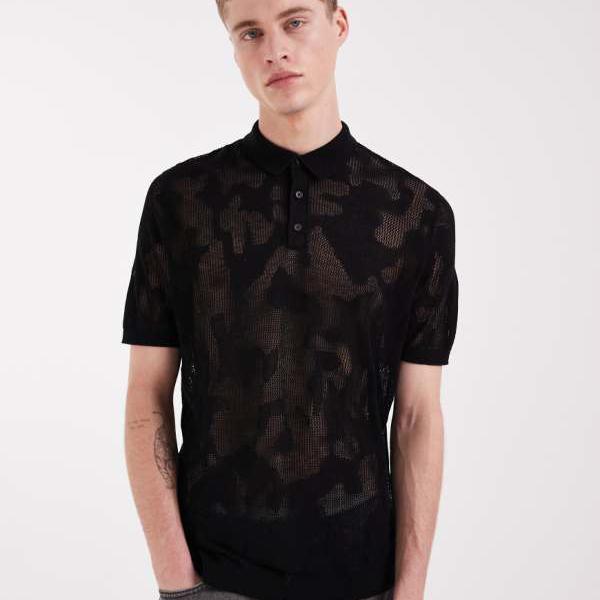 エイソス ASOS asos ASOS DESIGN リラックスニットメッシュ レオパードプリント ポロ（黒いこと） トップス メンズ 成人男性 インポートブランド 弱められた大きさから馬鹿でかい大きさまで