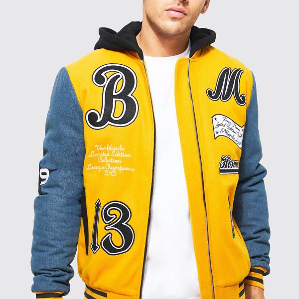 boohoo(ブーフー)BOOHOO BM 13 バーシティ ウィズ デニムスリーブ メンズ 男性 インポートブランド 小さいサイズから大きいサイズまで 20代 30代 40代 プレゼント 誕生日