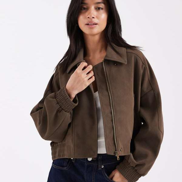 エイソス ASOS asos ASOS DESIGN プチレザー風バイカーボンバージャケット（モカ） アウター レディース 女性 インポートブランド 小さいサイズから大きいサイズまで