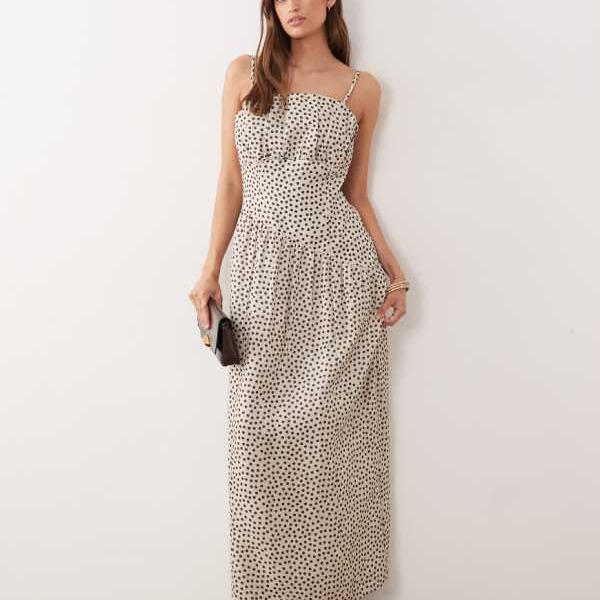プリティーラビッシュ Pretty Lavish Pretty Lavish Zaria コルセットディテール マキシドレス（クリームとブラウンのドット柄） ワンピース レディース 女性 インポートブランド 小さいサイズから大きいサイズまで
