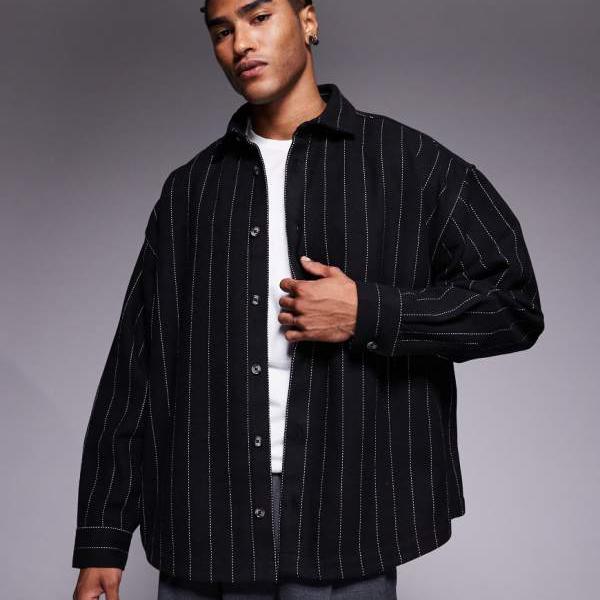 エイソス ASOS asos ASOS DESIGN オーバーサイズ ウール風 ピンストライプ シャツ（チャコール） トップス メンズ 男性 インポートブランド 小さいサイズから大きいサイズまで