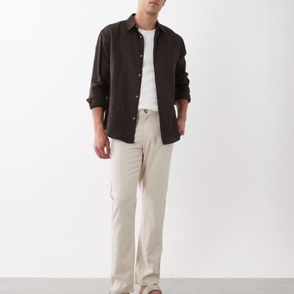 エイソス ASOS asos ASOS DESIGN 石ころ色つやのリネン混紡か細いズボン下 ズボン下 下つ方 メンズ 成人男性 インポートブランド ごく小さい大きさから大層らしい大きさまで