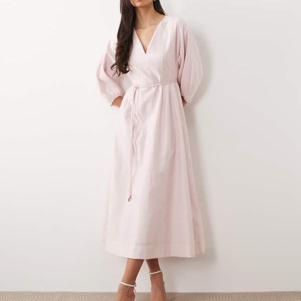 フォーエバーニュー Forever New Forever Newのリネン素材のVネックタイディテールミディドレス（ピンク） ワンピース レディース 女性 インポートブランド 小さいサイズから大きいサイズまで