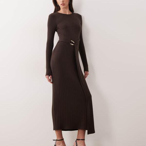 エイソス ASOS asos ASOS DESIGN リブ編みラップミディドレス（チョコレートカラー、金具ディテール付き） ワンピース レディース 女性 インポートブランド 小さいサイズから大きいサイズまで