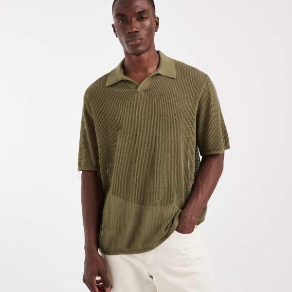 エイソス ASOS asos ASOS DESIGN 伸び伸びする相応う 半袖 編み物メッシュ 切れ込みのど首 スポーツシャツ（カーキ） トップス メンズ 成人男性 インポートブランド ごく小さい大きさから大層らしい大きさまで