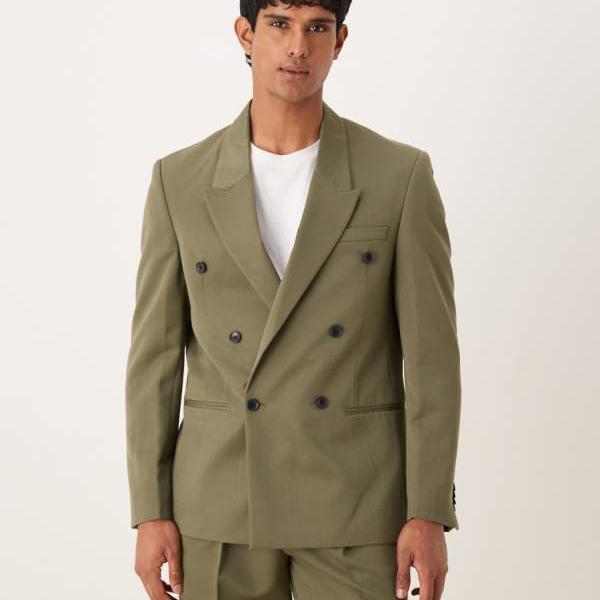 エイソス ASOS asos ASOS DESIGN レギュラーダブルブレストスーツジャケット（オリーブツイル） アウター メンズ 男性 インポートブランド 小さいサイズから大きいサイズまで