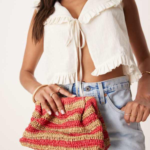 エイソス ASOS asos ASOS DESIGN ストロークロシェストライプグラブクラッチ（レッド＆ナチュラル） 鞄 レディース 女性 インポートブランド