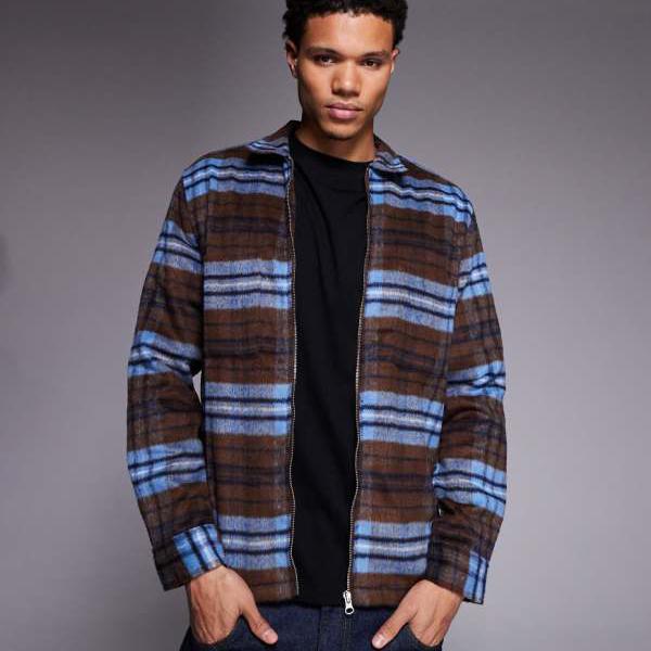 エイソス ASOS asos ASOS DESIGN ジップスルーオーバーシャ??ツ（ブラウンチェック） トップス メンズ 男性 インポートブランド 小さいサイズから大きいサイズまで
