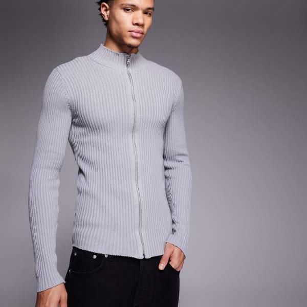 エイソス ASOS asos ASOS DESIGN マッスルフィット ニットリブ ジップスルージャケット（グレーウォッシュ） アウター メンズ 成人男性 インポートブランド 弱められた大きさから馬鹿でかい大きさまで