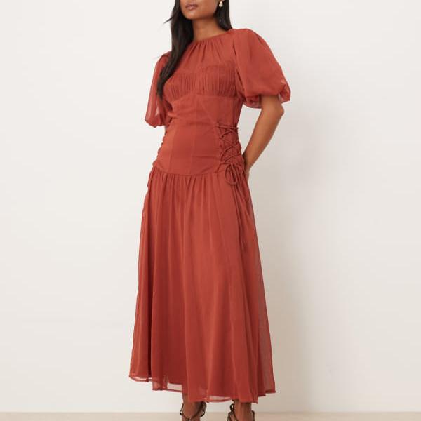 エイソス ASOS asos ASOS DESIGN プチパフスリーブシフォンミディアムドレス（ディープラスト） ワンピース レディース 女性 インポートブランド 小さいサイズから大きいサイズまで