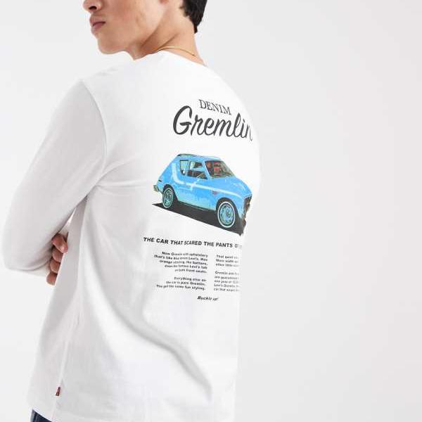 リーヴァイズジーンズ  Levi\u0027s リーヴァイズジーンズの長袖カーグラフィックバックプリントティーシャツ（白いこと） トップス メンズ 成人男性 インポートブランド 弱められた大いさから途轍も無い大いさまで その他-メンズファッション