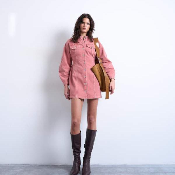 トップショップ Topshop TOPSHOP トップショップのデニムハイネックボタンスルーシャツドレス（ピンク） ワンピース レディース 女性 インポートブランド 小さいサイズから大きいサイズまで