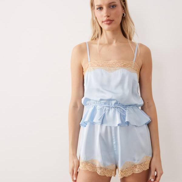 エイソス ASOS asos ASOS DESIGN ペールブルーのサテンプレイスーツ、ピーチレース付き オールインワン レディース 女性 インポートブランド 小さいサイズから大きいサイズまで