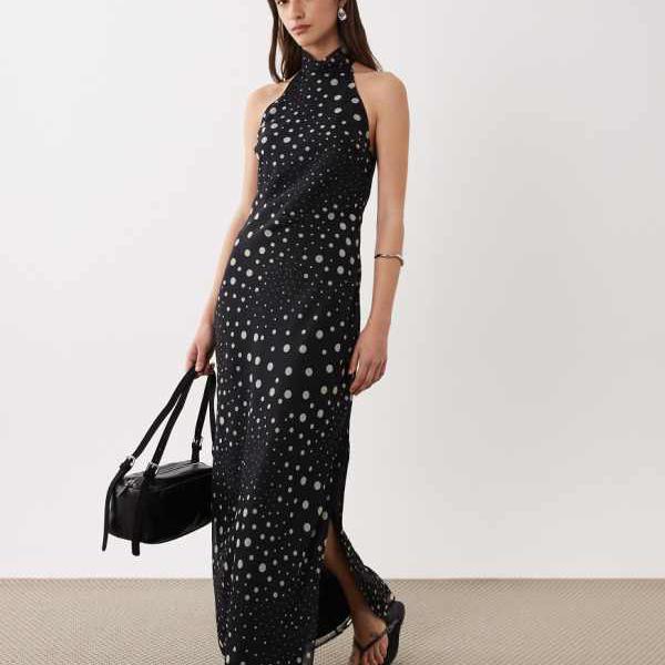 エイソス ASOS asos ASOS DESIGNの黒ドット柄シフォンハイネックミディドレス ワンピース レディース 女性 インポートブランド 小さいサイズから大きいサイズまで