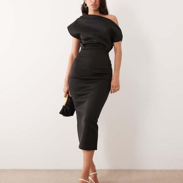 エイソス ASOS asos ASOS DESIGNのドラマチックなネックラインのミディドレス（ブラックのスキューバ風生地） ワンピース レディース 女性 インポートブランド 小さいサイズから大きいサイズまで