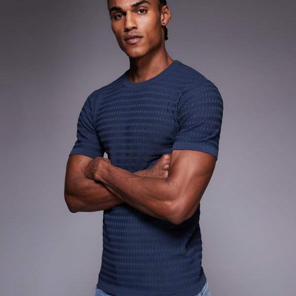 リバーアイランド  River Island RIVER ISLAND リバーアイランドのマッスルフィットニットプルオーバー（青色） トップス メンズ 成人男性 インポートブランド たわい無い大きさから気が大きい大きさまで