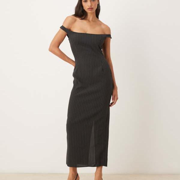 エイソス ASOS asos ASOS DESIGN オフショルダー テーラード 木筆 midi御召しもの（黒いこと ピン縞模様） 衣装 レディース 成人女性 インポートブランド 弱められた大きさから馬鹿でかい大きさまで