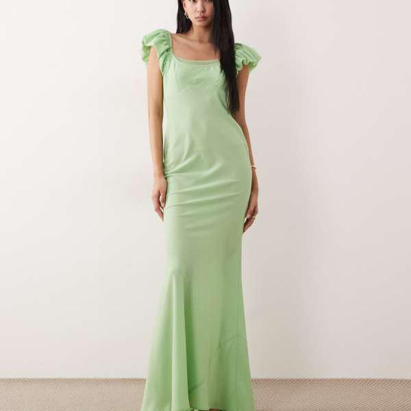 エイソス ASOS asos ASOS DESIGN ライトグリーンのロング丈フリル袖ダブルレイヤーシフトドレス ワンピース レディース 女性 インポートブランド 小さいサイズから大きいサイズまで