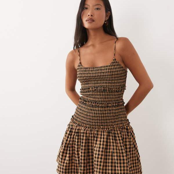 エイソス ASOS asos ASOS DESIGN プチサイズ クリンクルミニドレス シャーリングドロップウエスト 米国海軍＆タンギンガム照合のしるし 衣装 レディース 成人女性 インポートブランド 弱められた大きさから馬鹿でかい大きさまで