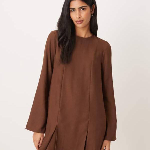 エイソス ASOS asos ASOS DESIGN 長袖サテンゴデットミニドレス（チョコレート） トップス レディース 女性 インポートブランド 小さいサイズから大きいサイズまで