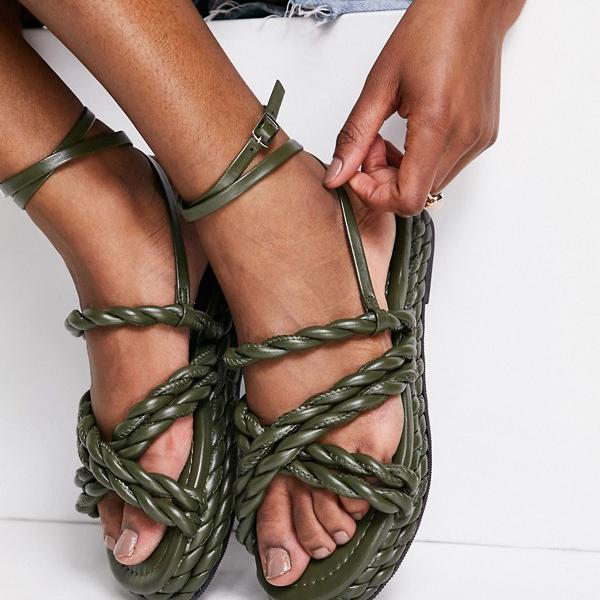 魅力的な エイソス Asos Asos Asosdesignカーキのフランキーロープフラットサンダル 靴 レディース 女性 インポートブランド 小さい サイズから大きいサイズまで 高知インター店 Fcipty Com