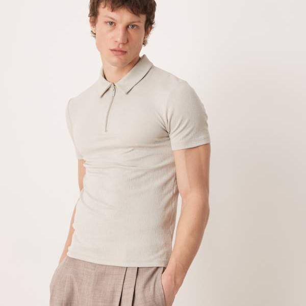 エイソス ASOS asos ASOS DESIGN ヘビーウェイトマッスルポロ（テクスチャードグレー） トップス メンズ 成人男性 インポートブランド 弱められた大きさから馬鹿でかい大きさまで