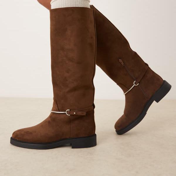 エイソス ASOS asos ASOS DESIGN Cole フラットライディングニーブーツ(チョコレートスエード、トリム付き) 靴 レディース 女性 インポートブランド 小さいサイズから大きいサイズまで