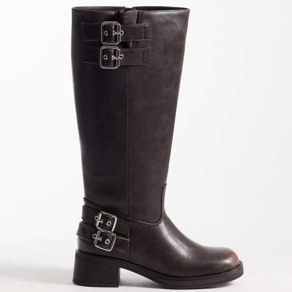 Schuh Schuh ディスク プルオンブーツ（ブラウン PU 製、バックルディテール付き） 靴 レディース 女性 インポートブランド 小さいサイズから大きいサイズまで