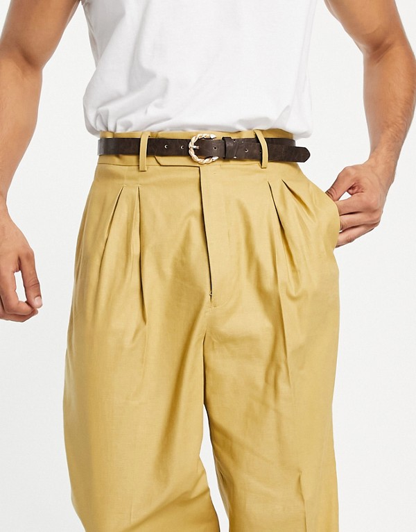 エイソス Asos Asos Asosdesignマスタードリネンのハイウエストスリムスマートパンツ パンツ ボトム メンズ 男性 インポートブランド 小さいサイズから大きいサイズまで Beregszaszietterem Hu