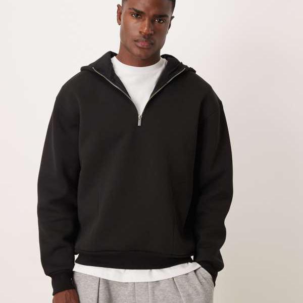 エイソス ASOS asos ASOS DESIGN ヘビーウェイト オーバーサイズ ハーフジップ パーカー（ファネルネック、スキューバスタイル生地、ブラック） トップス メンズ 男性 インポートブランド 小さいサイズから大きいサイズまで