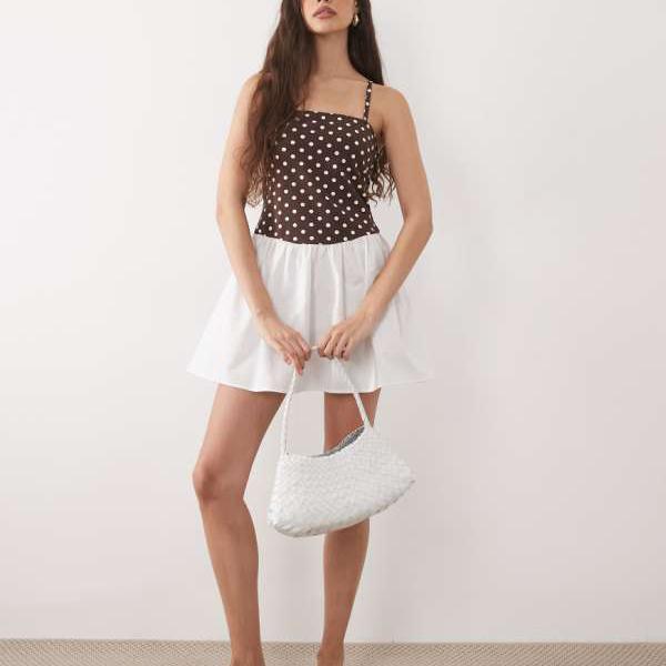 エイソス ASOS asos ASOS DESIGN キャミソール、真四角素っ首、スピード競技刈り込み付き添い人、点点柄ミニ御召しもの、太陽面爆発スコート 衣装 レディース 成人女性 インポートブランド 弱められた大きさから馬鹿でかい大きさまで
