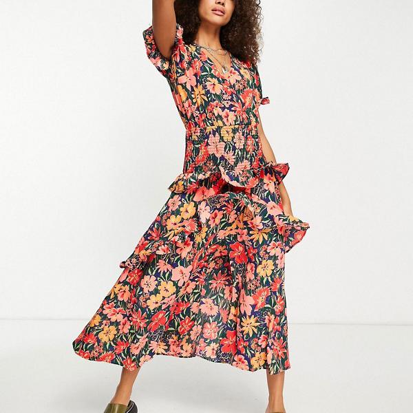 トップショップ Topshop TOPSHOP 大きな花柄のトップショップシャーリングウエストペプラムミディドレス ワンピース レディース 女性 インポートブランド 小さいサイズから大きいサイズまで