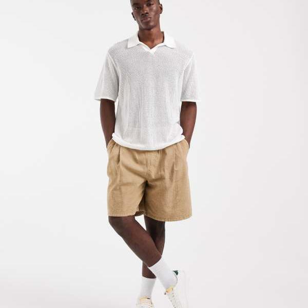 エイソス ASOS asos ASOS DESIGN 伸び伸びする相応う 半袖 編み物メッシュ 切れ込みのど首 スポーツシャツ (エクリュ) トップス メンズ 成人男性 インポートブランド ごく小さい大きさから大層らしい大きさまで