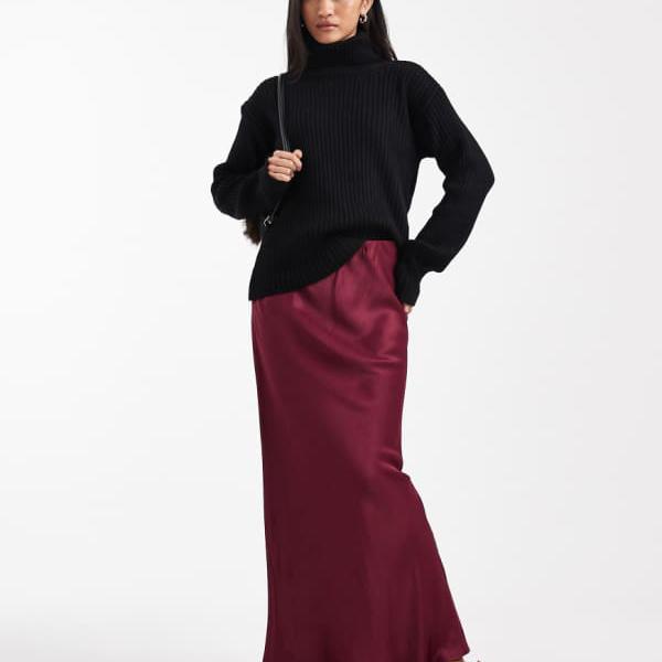 エイソス ASOS asos ASOS DESIGN サテンバイアスマキシスカート（バーガンディ） スカート レディース 女性 インポートブランド 小さいサイズから大きいサイズまで