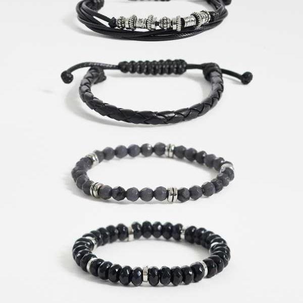 エイソス ASOS asos ASOS DESIGN ファセットビーズ＆ファブリックブレスレット 5個パック（ブラック） アクセサリー メンズ 男性 インポートブランド 8,067円