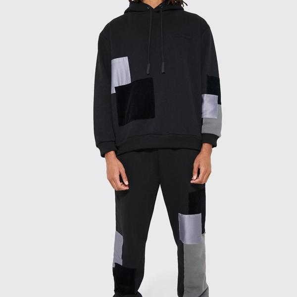 boohoo(ブーフー)BOOHOO オーバーサイズのパッチワークディテール フード付きトラックスーツ 上下 メンズ 男性 インポートブランド セットアップ トラックスーツ 大きいサイズまで 20代 30代 40代 プレゼント 誕生日