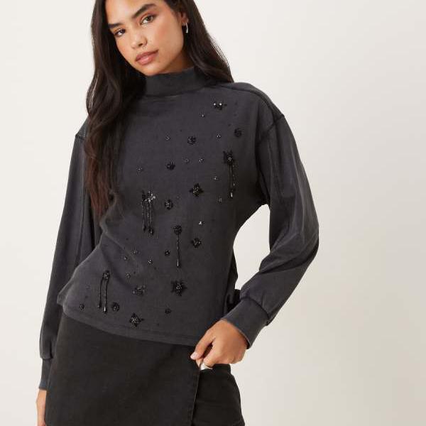 エイソス ASOS asos ASOS DESIGN スウェットシャツ（ブラック、装飾付き） トップス レディース 女性 インポートブランド 小さいサイズから大きいサイズまで
