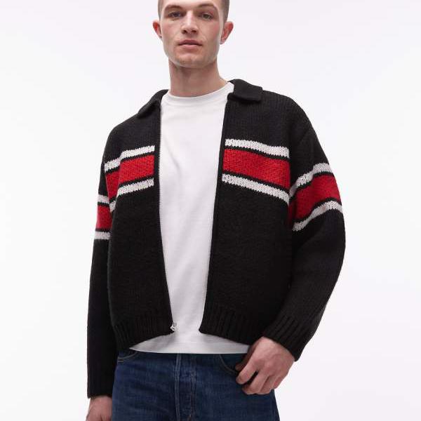 オベイ Obey Obey Bernardのジップアップカーディガン（ブラック＆レッド） トップス メンズ 男性 インポートブランド 小さいサイズから大きいサイズまで｜セレクトショップ　Diva　Closet