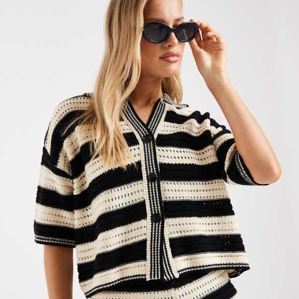 エイソス ASOS asos ASOS DESIGN サリービーチニット ボタンスルートップ コーデ モノストライプ トップス レディース 女性 インポートブランド 小さいサイズから大きいサイズまで