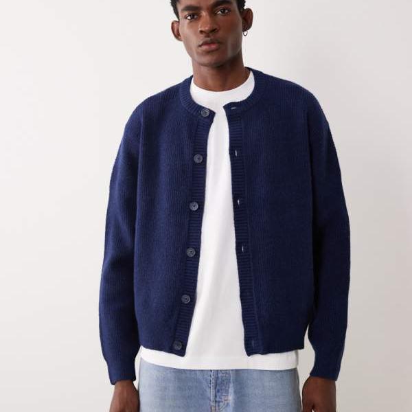 エイソス ASOS asos ASOS DESIGN 大層らしい大いさ 編み物 フィッシャーマンリブ 羊毛混クルーネックカーディガン（米国海軍） トップス メンズ 成人男性 インポートブランド 小っちゃい大いさから馬鹿でかい大いさまで