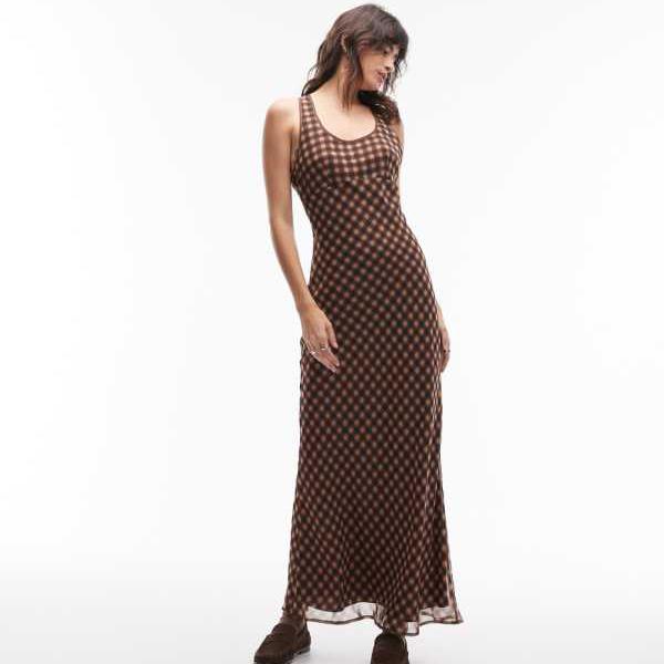 エイソス ASOS asos ASOS DESIGN スクープネック スリップ マキシドレス（ブラウン チェックプリント） ワンピース レディース 女性 インポートブランド 小さいサイズから大きいサイズまで