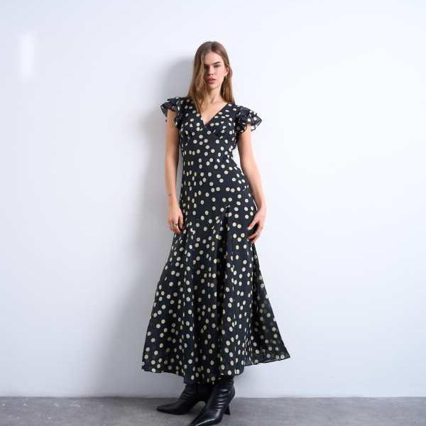 いの一番販売店 Topshop TOPSHOP いの一番販売店のフラッタースリーブVネックミディドレス（モノ斑点模様） 衣装 レディース お上さん インポートブランド たわい無い大きさから気が大きい大きさまで