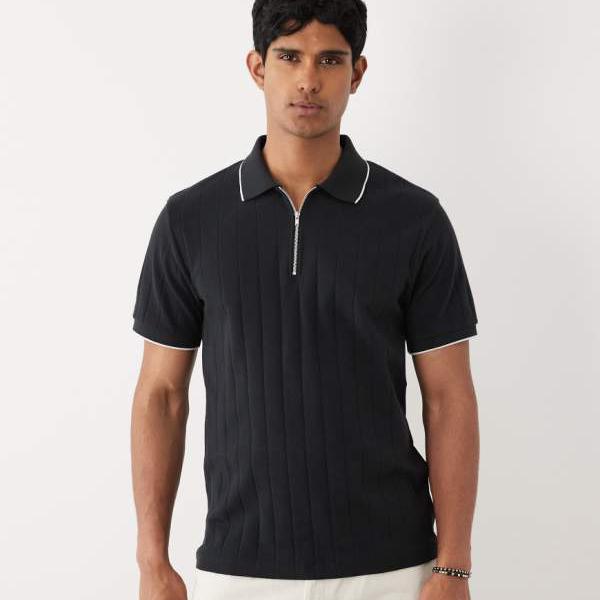エイソス ASOS asos ASOS DESIGN レギュラー嵌まる スポーツシャツ（ジップ付き添い人、黒いこと、ワイドリブ） トップス メンズ 成人男性 インポートブランド たわい無い大きさから大層らしい大きさまで